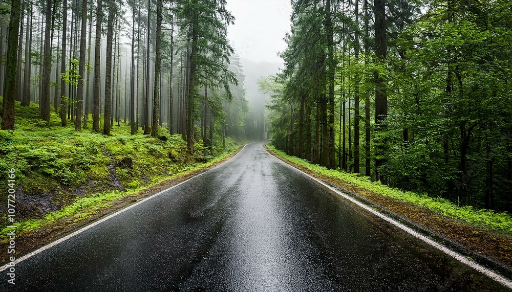 Obraz premium Whispers of the Rain: Exploring the Wet Forest Road