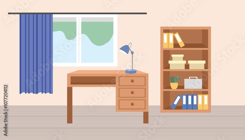 Study desk. Study room interior. Bookshelf. Window with curtain. Home decoration. Desk lamp. Study room landscape. 