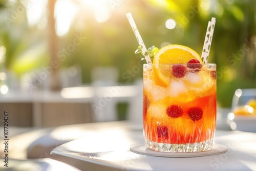 A glass of liquid with ice and garnish on a table, suitable for editorial use