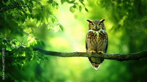 A wise owl sits on a tree branch amidst the forest, perfect for nature-themed illustrations and stories photo