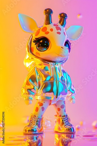 Playful Mechanical Chibi Giraffe Toy in Neon Holographic Outfit on Lemon Color Background