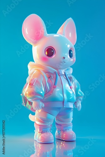 Stylized Mechanical Anime Mouse Figurine in Pastel Shiba Inu Hoodie Posing Against Holographic Backdrop