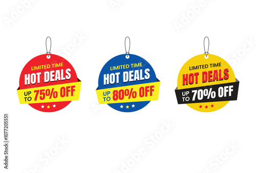 Promotional sale labels best offers sticker bundle, Special Offer, hot deals, Best price up to 75% off, Dangler Vector template design, vector illustration. Red, blue and Dangler.