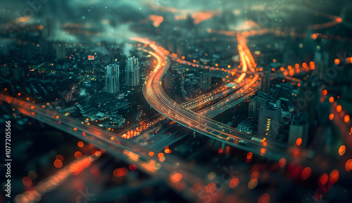 Stunning aerial view of a modern city at night, with a highway network, city lights, long exposure, tilt-shift lens, aerial photography, wide-angle lens,
