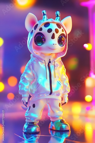 Whimsical Mechanical Giraffe Chibi Toy with Holographic Neon Details on Pastel Lemon Background photo