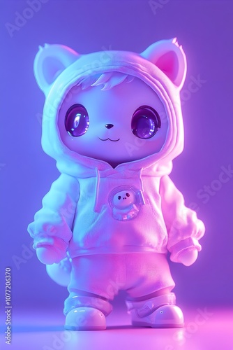 Whimsical Pomeranian Inspired Mechanical Owl Chibi Figurine in Neon Holographic Style