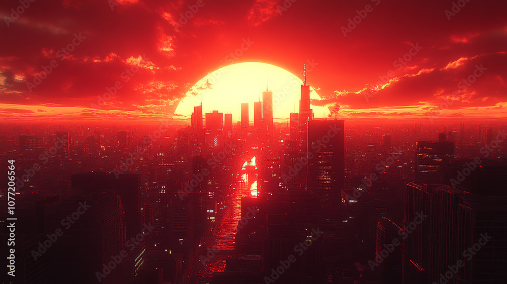 Fototapeta premium stunning sunset over city skyline, with vibrant red hues illuminating buildings and water. scene evokes sense of awe and tranquility