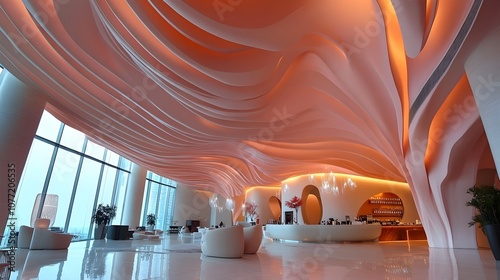 Architectural Origami Inspired Pink Hotel Lobby with Cavernous Wave Shaped Ceiling