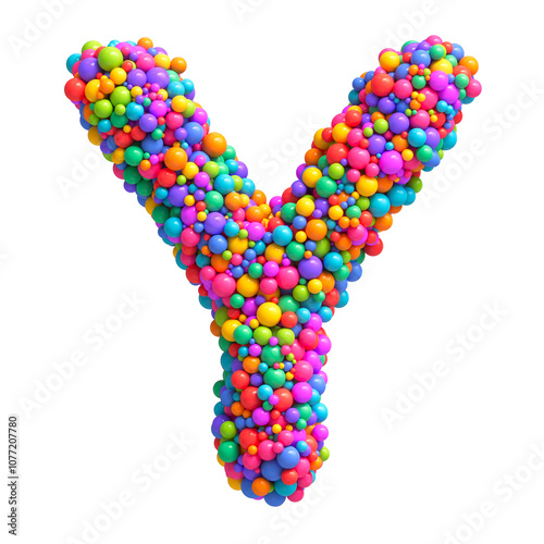 Letter Y made of bright cheerful multi-colored glossy balls. Ideal for kid's zone, playroom decor, children’s design, festive themes. Rainbow mixed random spheres formed creative font. 3d rendering