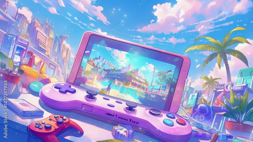 A playful gaming setup with bright colors and retro vibes against a ...