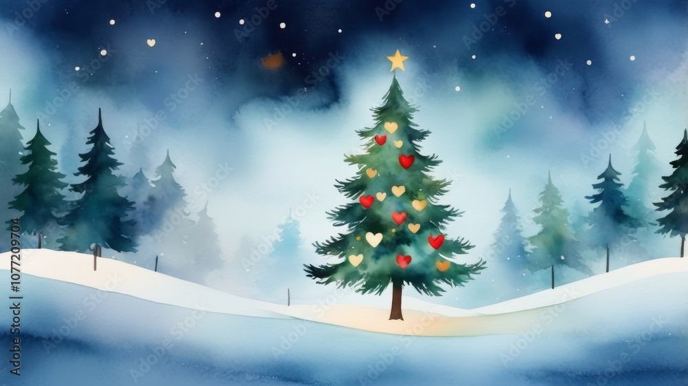 Obraz premium A beautifully decorated Christmas tree stands in the snow, surrounded by twinkling stars and a serene winter landscape.