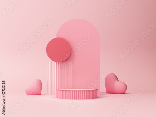 Premium podium, stand on pastel, pink background. Holiday greeting card for Valentine's Day - 3d, render with copy space on February 14, March 8. Romance showcase with flowers, symbol of love.