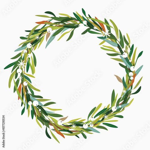 Christmas, New year green leaves, white mistletoe berries wreath. Festive gre...