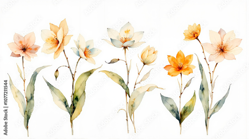 Obraz premium Elegant watercolor flowers on white background: nature’s subtle beauty