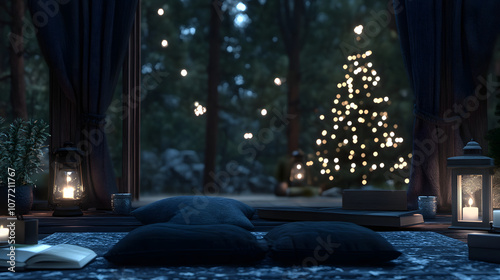 Cozy night with lanterns and Christmas tree view