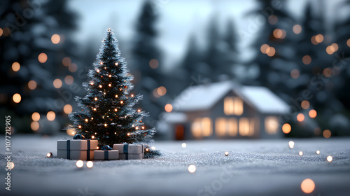 Snowy Christmas tree with gifts and lights