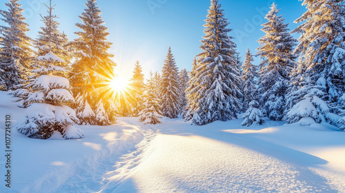 serene winter landscape featuring snow covered evergreen trees illuminated by warm glow of setting sun. scene evokes sense of tranquility and beauty