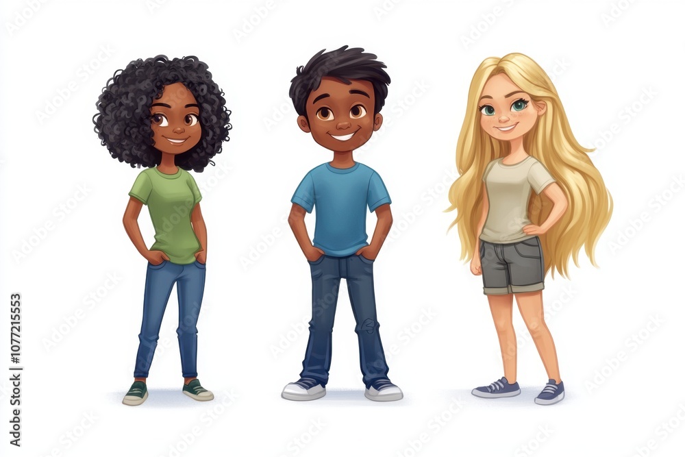 Obraz premium Cute cartoon illustration of three diverse children: an African American boy with dark hair and brown eyes wearing a blue T-shirt, standing next to a white girl in a green shirt Generative AI
