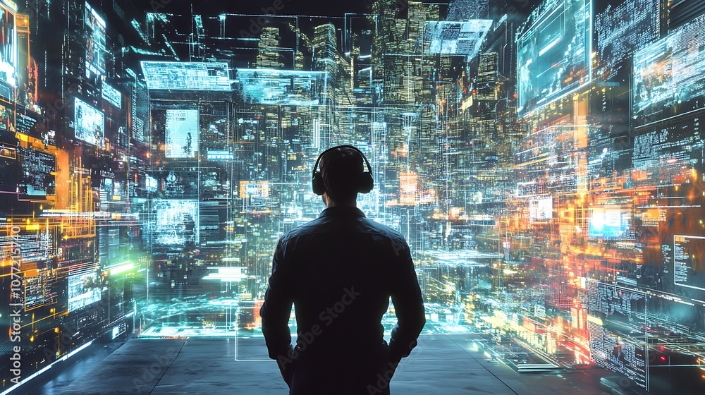 A Man in Headphones Gazing at a Futuristic, Digital Cityscape A Man in Headphones Gazing at a Futuristic, Digital Cityscape