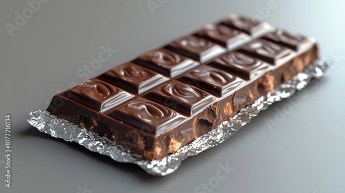 Delicious dark chocolate bar wrapped in foil, perfect for sweet cravings. Indulge in this tempting treat that satisfies your chocolate desires photo