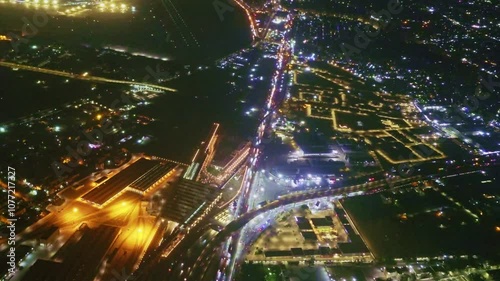 Aerial view of city at night