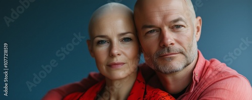 A bald couple shares a tender moment together photo