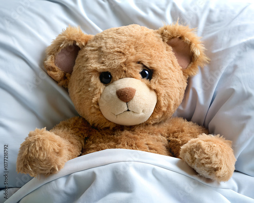  A cute teddy bear lying in bed, covered by a cozy blanket, with a visible patch indicating it is unwell, evoking a comforting, nurturing feel. photo