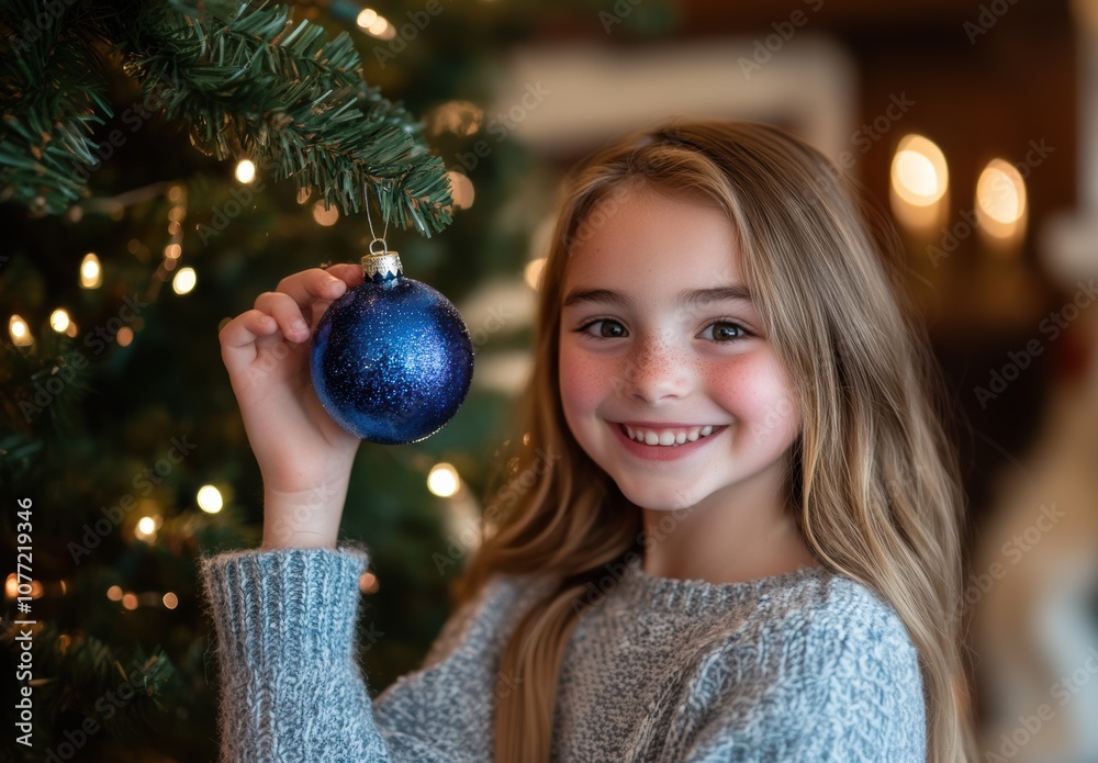 Naklejka premium Girl decorates tree with blue ornament in cozy space