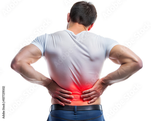 A man experiencing intense back pain, clutching his lower back in discomfort, indicating muscle or joint pain, against a white background photo