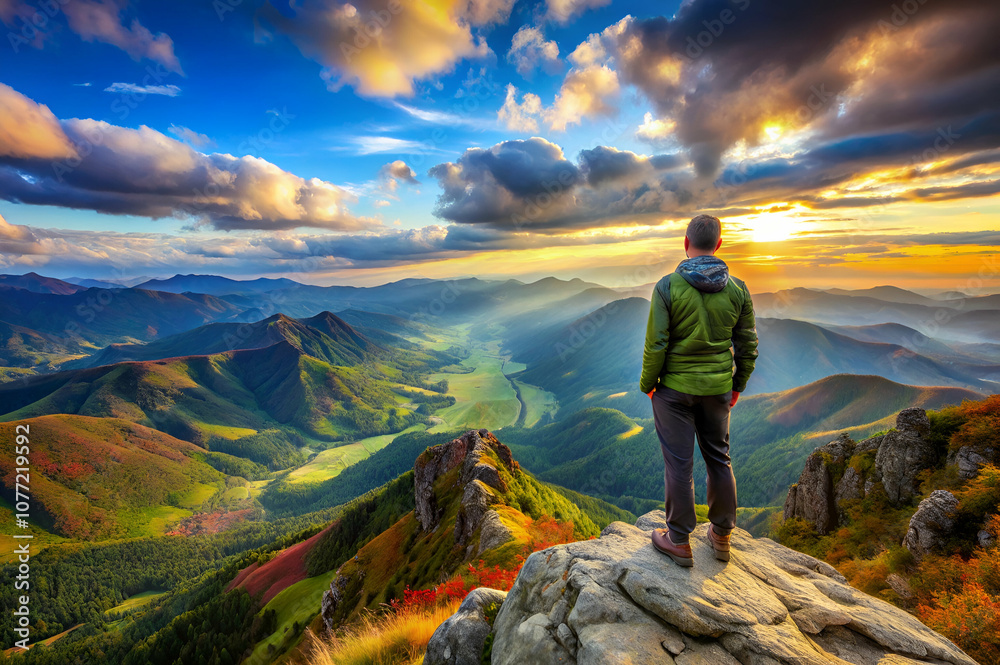 Fototapeta premium A person stands atop a rocky outcrop, gazing at a breathtaking landscape of mountains and valleys under a colorful sunset.