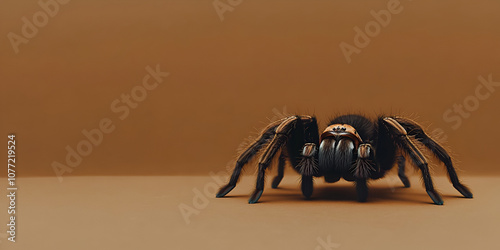 Hairy tarantula spider standing on a warm brown background photo