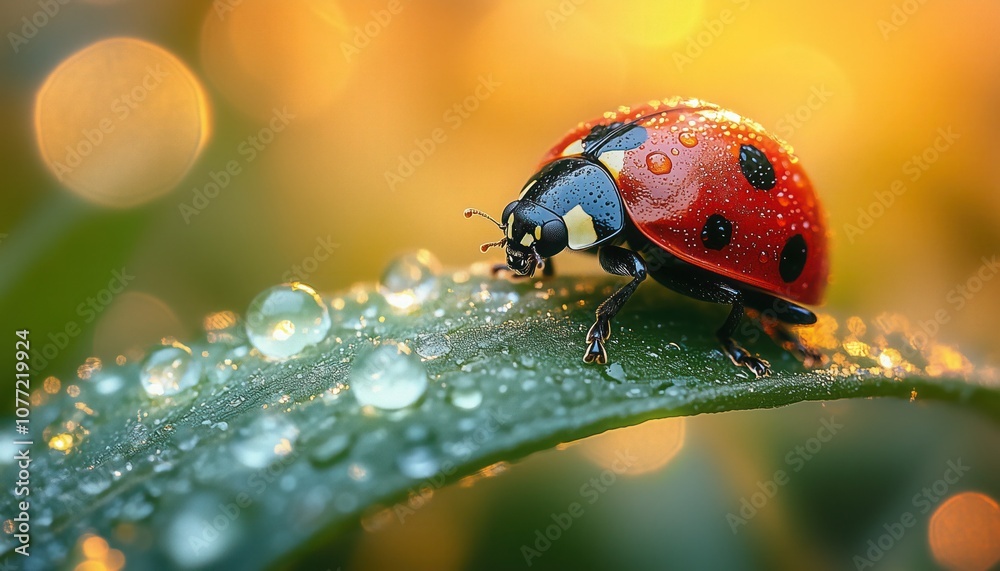 Obraz premium Macro photo of water drop on grass with ladybug reflection, blurred background