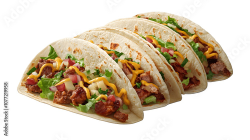 Mexican tacos filled with seasoned meat, lettuce, and cheese on a white background