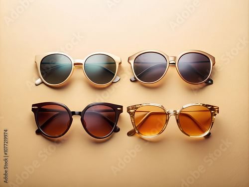 A stylish assortment of sunglasses with different frames and lens colors arranged on a beige background, showcasing variety and fashion trends. photo