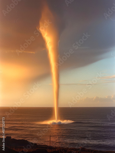 A breathtaking waterspout illuminated by the golden hues of sunrise amazes spectators over the sea. photo