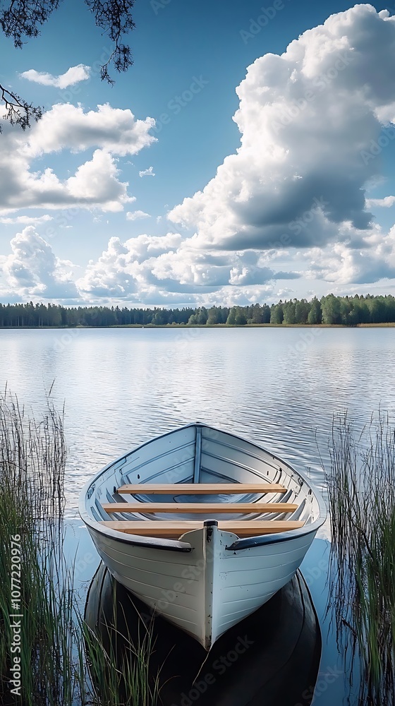 Obraz premium Glowing sunset sky over lake with solitary boat illustration.
