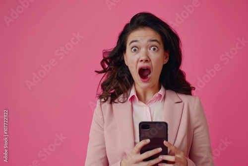 A woman with a surprised look on her face holds a cell phone, possibly receiving an unexpected message photo