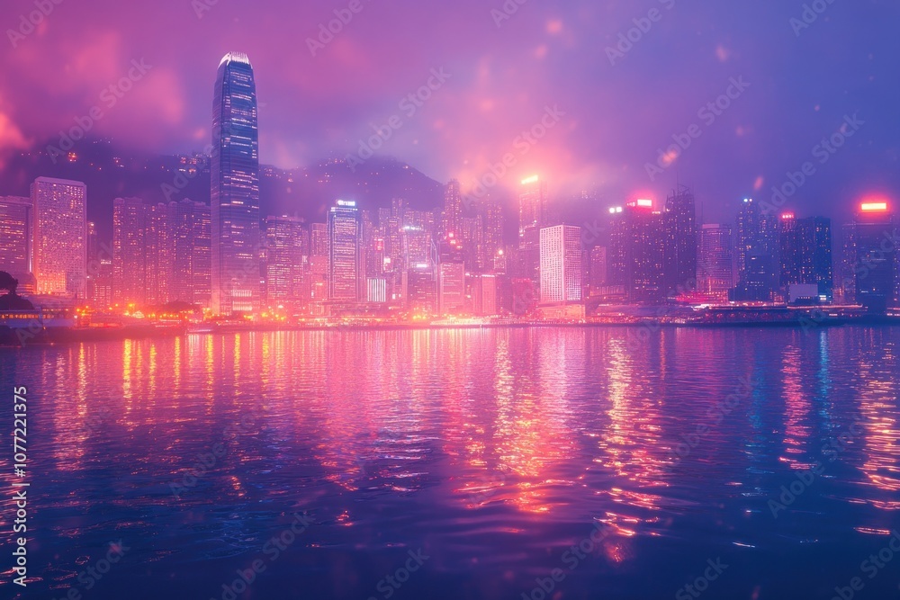 Obraz premium A vibrant, hazy view of a city skyline at night, with tall buildings illuminated by colorful lights, reflecting in the still water of a harbor.