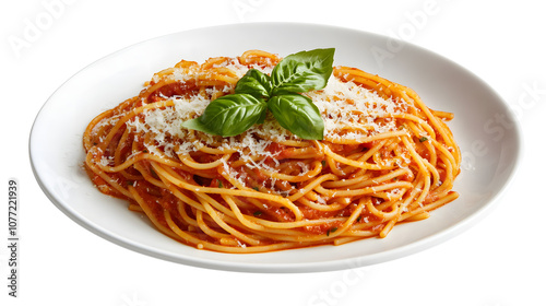 Plate of spaghetti with marinara sauce topped with fresh basil and Parmesan on a white background photo