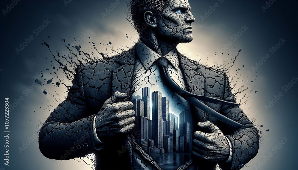Fototapeta premium Creating a New Path in Business and Never Giving Up , New Technology , How to Make Money ,Smart , Cybersecurity , Superhero Businessman Facing Challenges ,Company Issues, AI , 4K , Background
