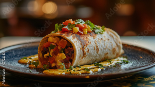 Burrito serwowane na eleganckim talerzu, wypełnione składnikami takimi jak jajka, świeże warzywa i aromatyczny ser.