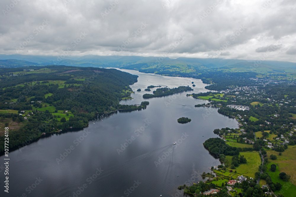 Aerial view of Lake Windermere in the Lake District in Cumbria on overcast day