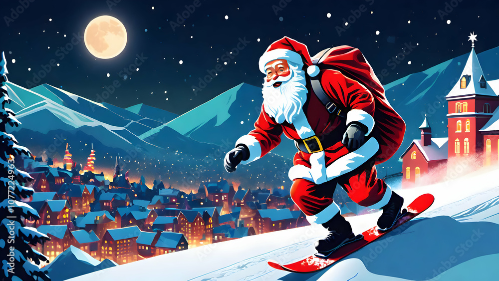 Fototapeta premium Santa Claus skating carrying gift bag towards city.