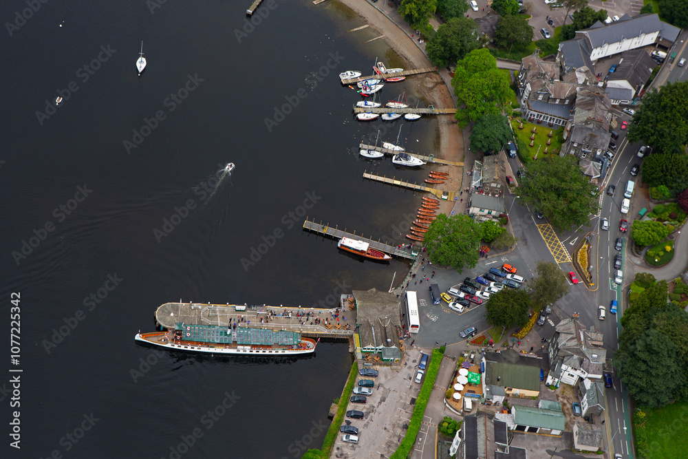 Aerial view of Bowness Bay, Promenade and Bowness on Windermere in the Lake District