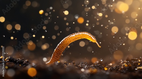 Close-up of a worm emerging from soil with sparkling background. photo