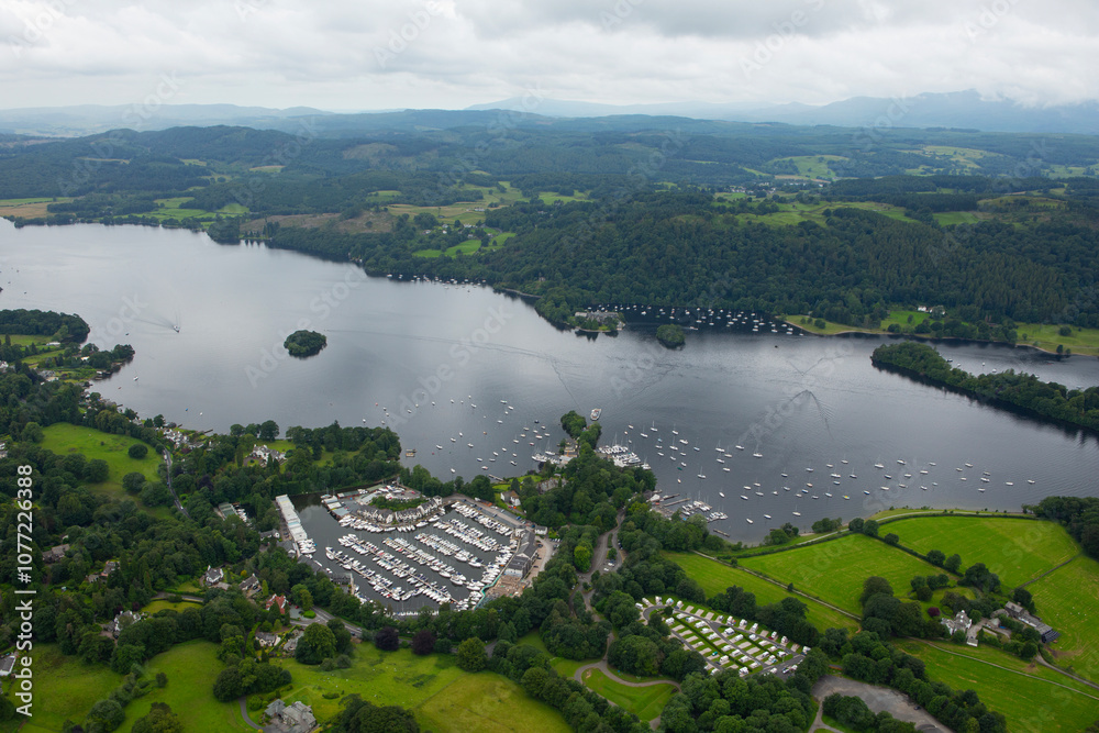 Aerial view of Lake Windermere in the Lake District in Cumbria on overcast day