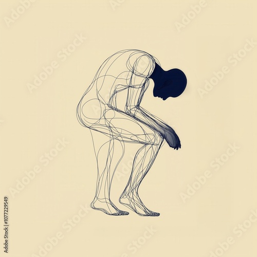 A minimalist illustration depicting a human figure in a contemplative, quadrupedal pose. 