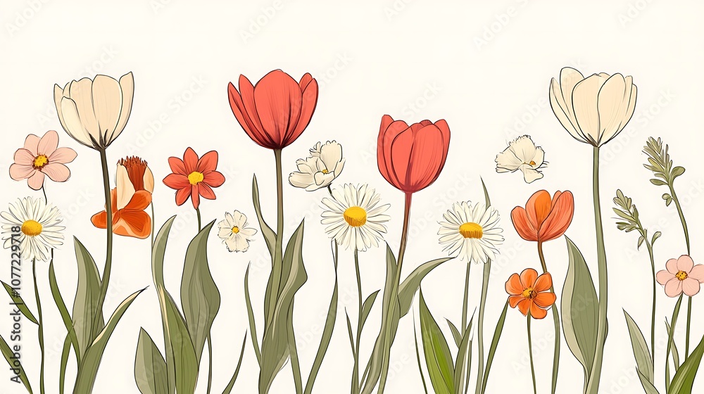 Fototapeta premium Hand drawn vector illustration of a border of colorful flowers on white background.