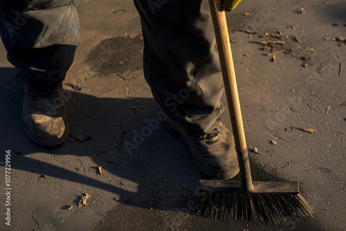 Worker sweeping the ground with broom outdoors