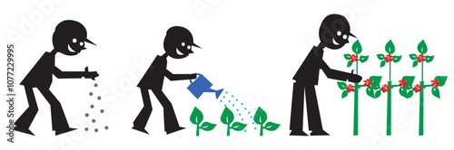 Home, watering-can. Stickman, stick figure man waters the garden. Garden hose. Grass lawn with garden hosepipe. Cartoon gras icon or pictogram. Gif water to flower or houseplant. Springtime, seedlings